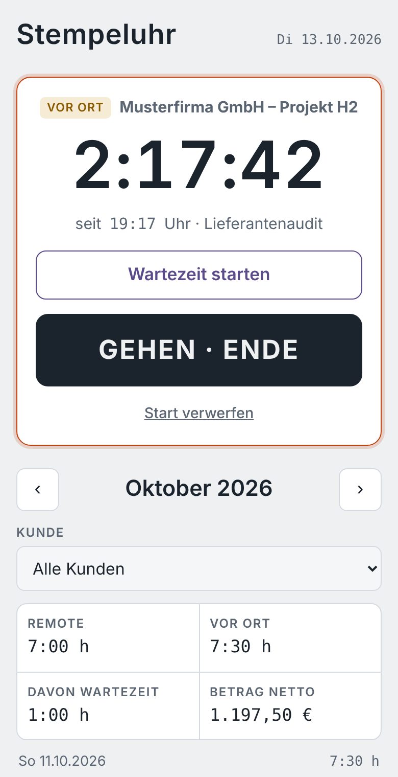 Bildschirm der CKS Stempeluhr mit laufender Zeit für einen Vor-Ort-Einsatz und Monatsübersicht